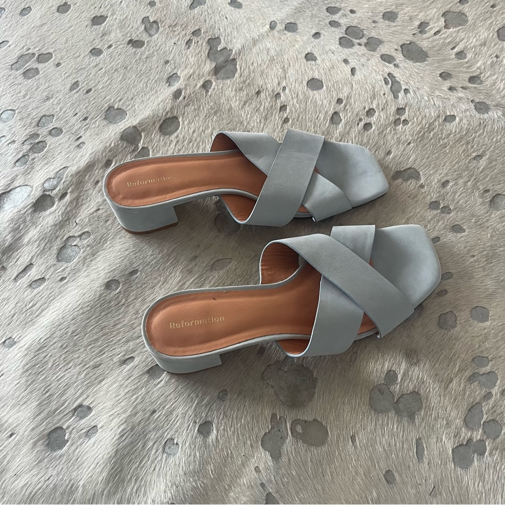 Reformation Light Bluey Gray Crisscross Sandals